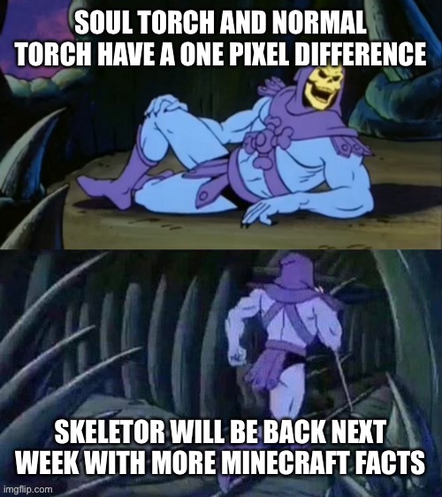 The soul torch is one pixel below to represent the weight upon you by using souls as a light source | SOUL TORCH AND NORMAL TORCH HAVE A ONE PIXEL DIFFERENCE; SKELETOR WILL BE BACK NEXT WEEK WITH MORE MINECRAFT FACTS | image tagged in skeletor disturbing facts | made w/ Imgflip meme maker