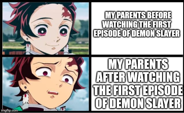 Tanjiro approval | MY PARENTS BEFORE WATCHING THE FIRST EPISODE OF DEMON SLAYER; MY PARENTS AFTER WATCHING THE FIRST EPISODE OF DEMON SLAYER | image tagged in tanjiro approval | made w/ Imgflip meme maker