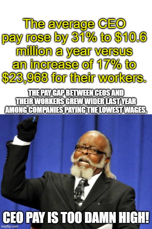 I think we see the problem here... | The average CEO pay rose by 31% to $10.6 million a year versus an increase of 17% to $23,968 for their workers. THE PAY GAP BETWEEN CEOS AND THEIR WORKERS GREW WIDER LAST YEAR AMONG COMPANIES PAYING THE LOWEST WAGES. CEO PAY IS TOO DAMN HIGH! | image tagged in memes,too damn high,pay,wages,ceo,economy | made w/ Imgflip meme maker
