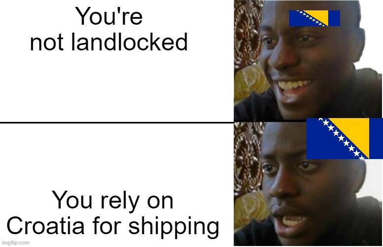 Bosnia | You're not landlocked; You rely on Croatia for shipping | image tagged in disappointed black guy | made w/ Imgflip meme maker
