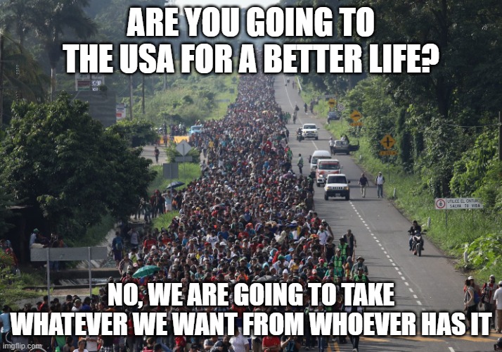 Democrats marching towards communism | ARE YOU GOING TO THE USA FOR A BETTER LIFE? NO, WE ARE GOING TO TAKE WHATEVER WE WANT FROM WHOEVER HAS IT | image tagged in migrant caravan,communism,democrats war on america,we know the truth,invasion usa,it is an army | made w/ Imgflip meme maker