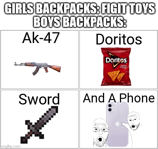 Blank Comic Panel 2x2 | GIRLS BACKPACKS: FIGIT TOYS
BOYS BACKPACKS:; Ak-47; Doritos; Sword; And A Phone | image tagged in memes,blank comic panel 2x2 | made w/ Imgflip meme maker