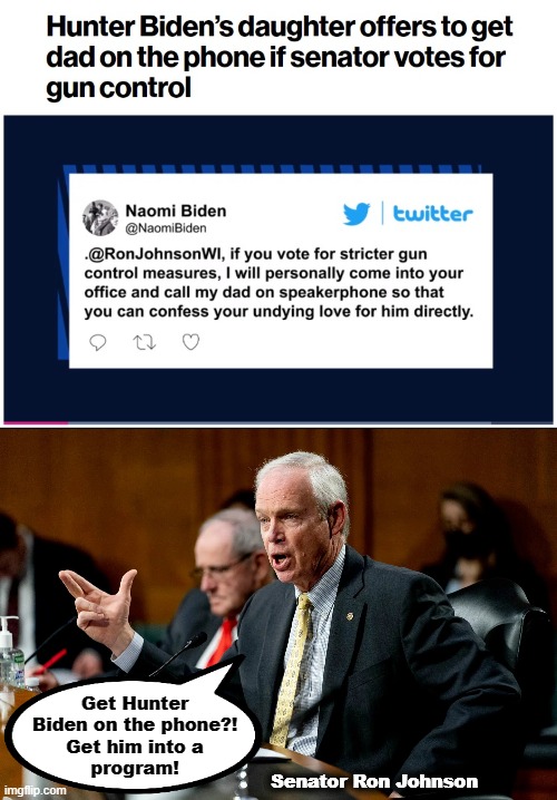 More craziness from the Biden Crime Family | Get Hunter
Biden on the phone?!
Get him into a
program! Senator Ron Johnson | image tagged in memes,naomi biden,hunter biden,joe biden,democrats,gun control | made w/ Imgflip meme maker