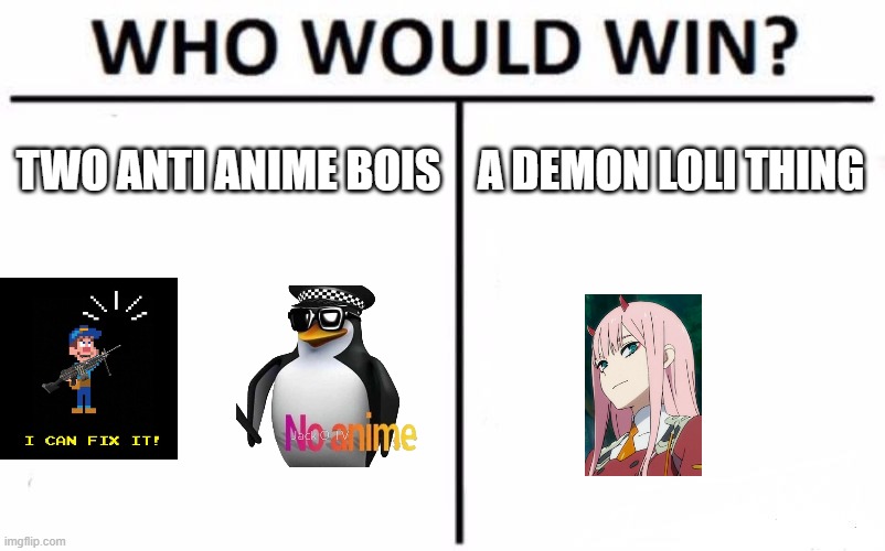 left will win | TWO ANTI ANIME BOIS; A DEMON LOLI THING | image tagged in memes,who would win,anti anime | made w/ Imgflip meme maker