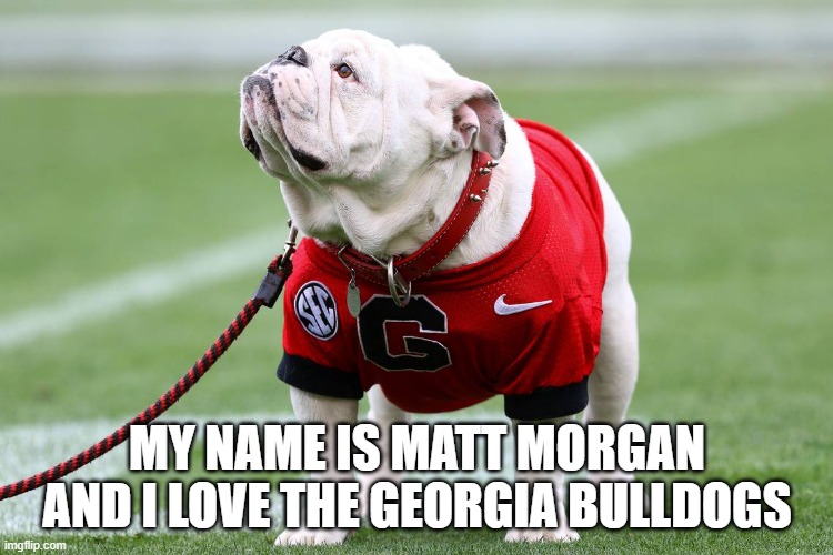 morgan | MY NAME IS MATT MORGAN AND I LOVE THE GEORGIA BULLDOGS | image tagged in georgia bulldog | made w/ Imgflip meme maker