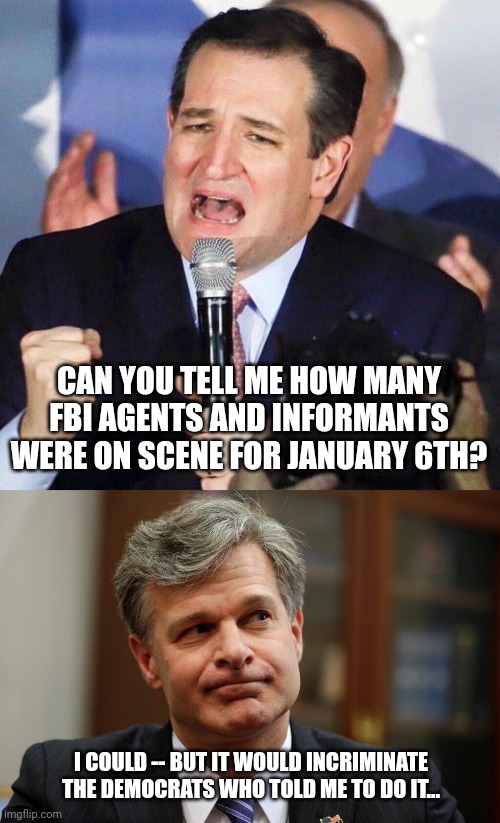 Amazing how they won't tell the truth.... | CAN YOU TELL ME HOW MANY FBI AGENTS AND INFORMANTS WERE ON SCENE FOR JANUARY 6TH? I COULD -- BUT IT WOULD INCRIMINATE THE DEMOCRATS WHO TOLD ME TO DO IT... | image tagged in ted cruz singing,fbi,why is the fbi here | made w/ Imgflip meme maker
