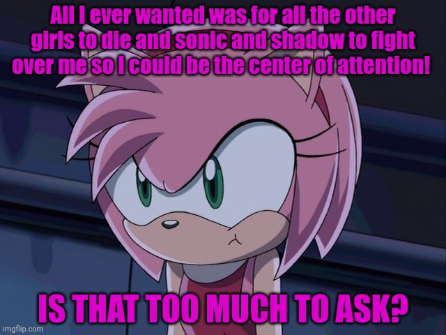 Amy rose problems | All I ever wanted was for all the other girls to die and sonic and shadow to fight over me so I could be the center of attention! IS THAT TOO MUCH TO ASK? | image tagged in amy rose,sonic the hedgehog,sega,video games | made w/ Imgflip meme maker