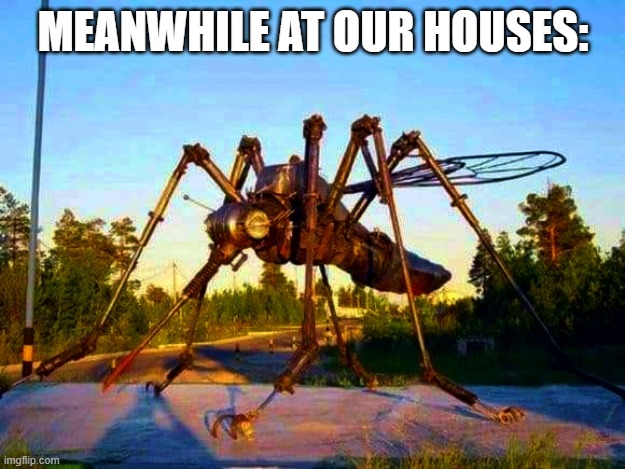 Giant Mosquito | MEANWHILE AT OUR HOUSES: | image tagged in giant mosquito | made w/ Imgflip meme maker