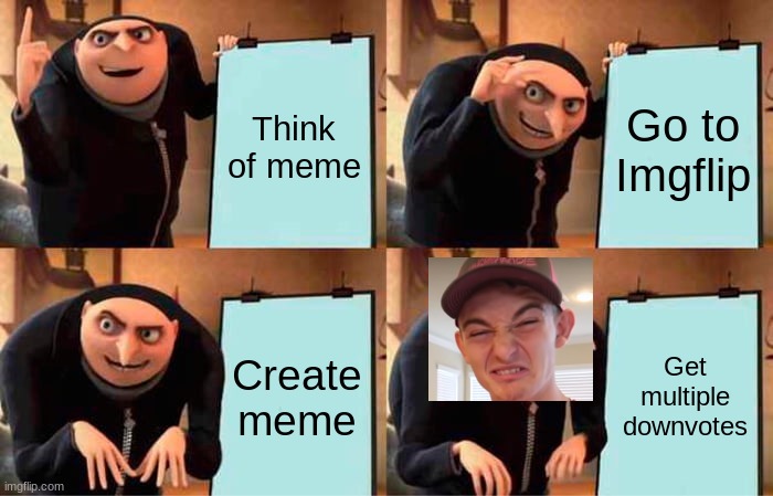 downvotes | Think of meme; Go to Imgflip; Create meme; Get multiple downvotes | image tagged in memes,gru's plan | made w/ Imgflip meme maker