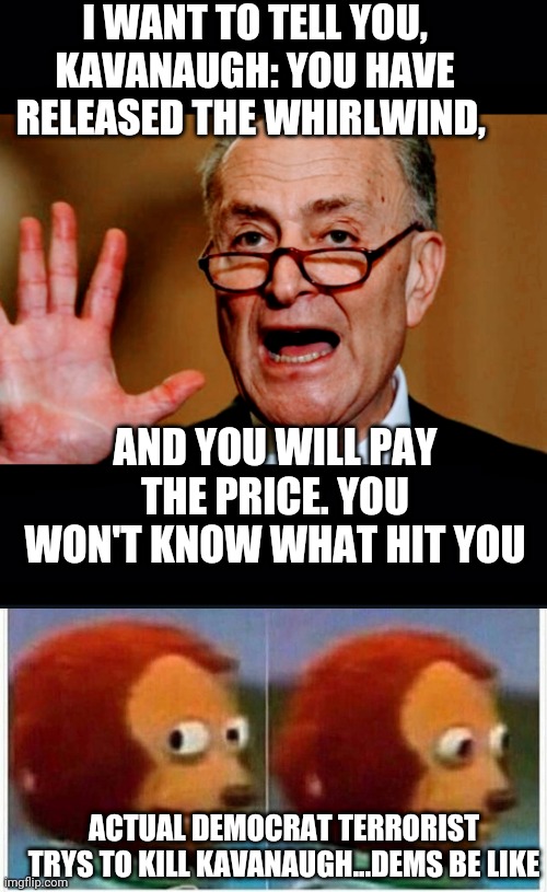 Chuck and Garland | I WANT TO TELL YOU, KAVANAUGH: YOU HAVE RELEASED THE WHIRLWIND, AND YOU WILL PAY THE PRICE. YOU WON'T KNOW WHAT HIT YOU; ACTUAL DEMOCRAT TERRORIST TRYS TO KILL KAVANAUGH...DEMS BE LIKE | image tagged in monkey puppet,liberals,democrats,schumer,scotus,leftists | made w/ Imgflip meme maker