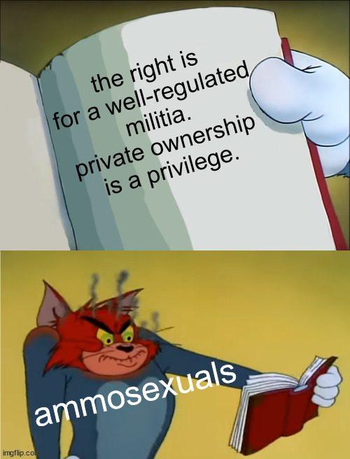 ammosexual 2A fraud | the right is for a well-regulated militia. private ownership is a privilege. ammosexuals | image tagged in angry tom reading book,ammosexual,gun rights,rights,gop,democrats | made w/ Imgflip meme maker