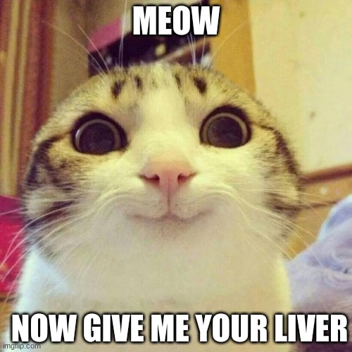 Smiling Cat | MEOW; NOW GIVE ME YOUR LIVER | image tagged in memes,smiling cat | made w/ Imgflip meme maker