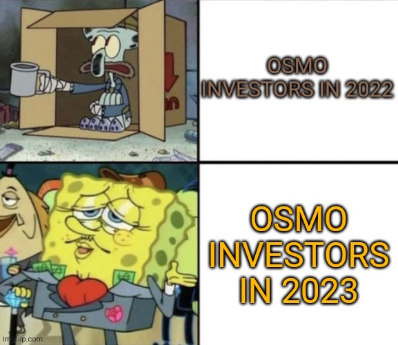 Poor Squidward vs Rich Spongebob | OSMO INVESTORS IN 2022; OSMO INVESTORS IN 2023 | image tagged in poor squidward vs rich spongebob | made w/ Imgflip meme maker