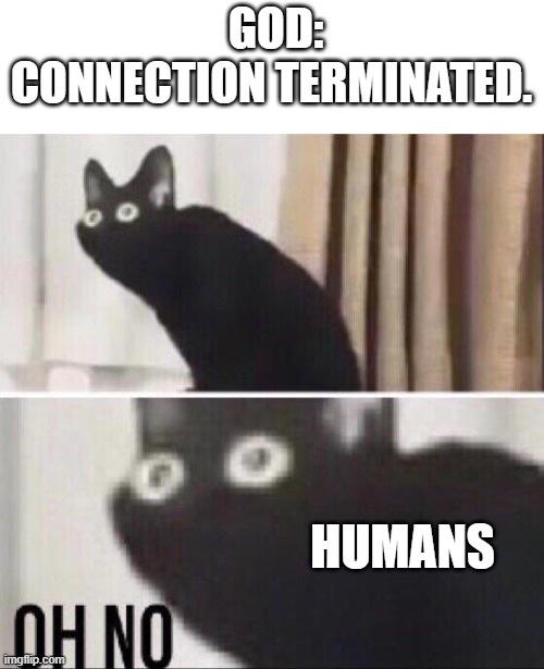 it's the ending to fnaf 6 =p | GOD: CONNECTION TERMINATED. HUMANS | image tagged in oh no cat | made w/ Imgflip meme maker