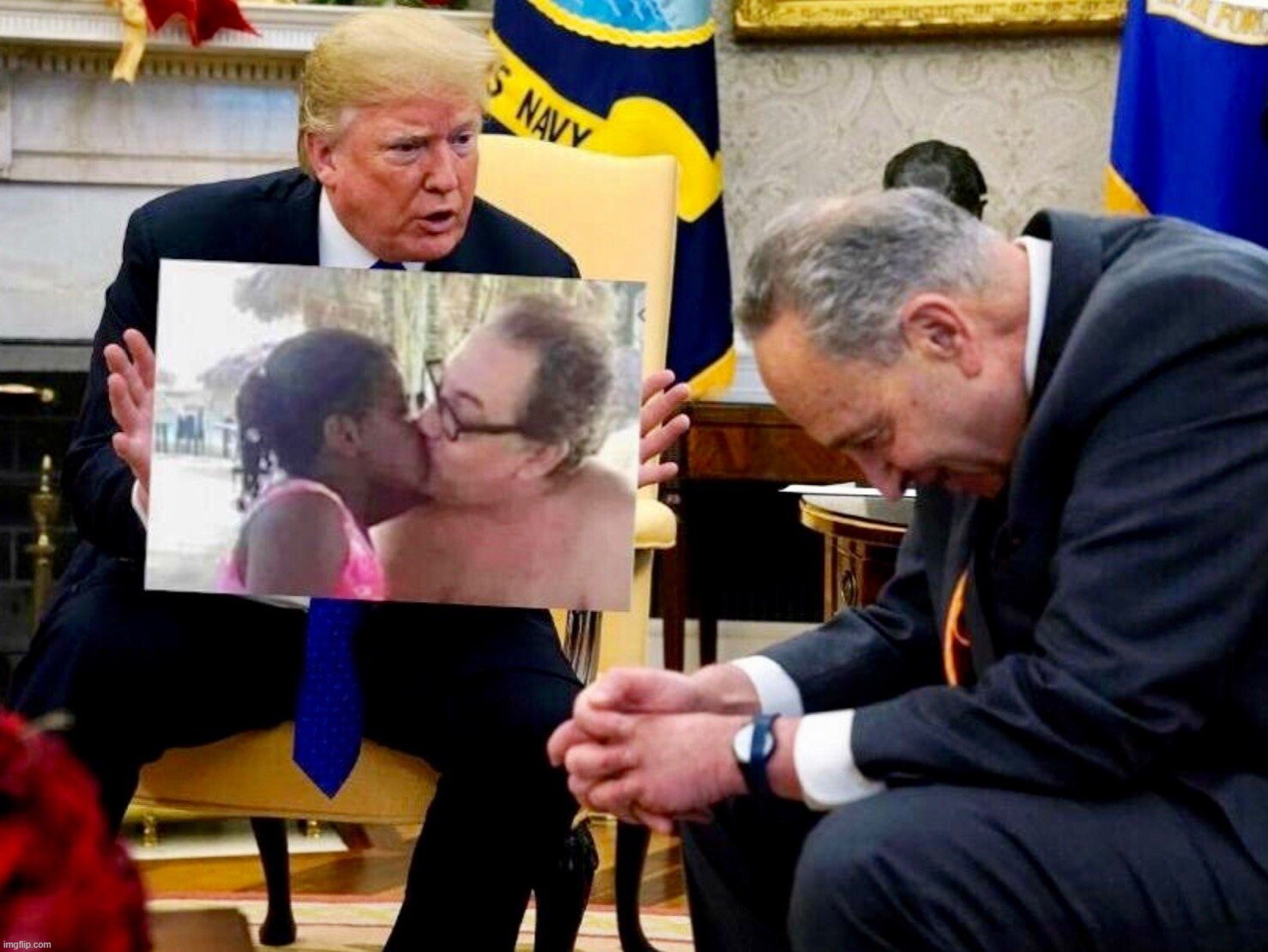 Sorry, Chuck. We have our doubts about you. | image tagged in chuck schumer,senate,trump,democrats,pedophiles,little girl | made w/ Imgflip meme maker