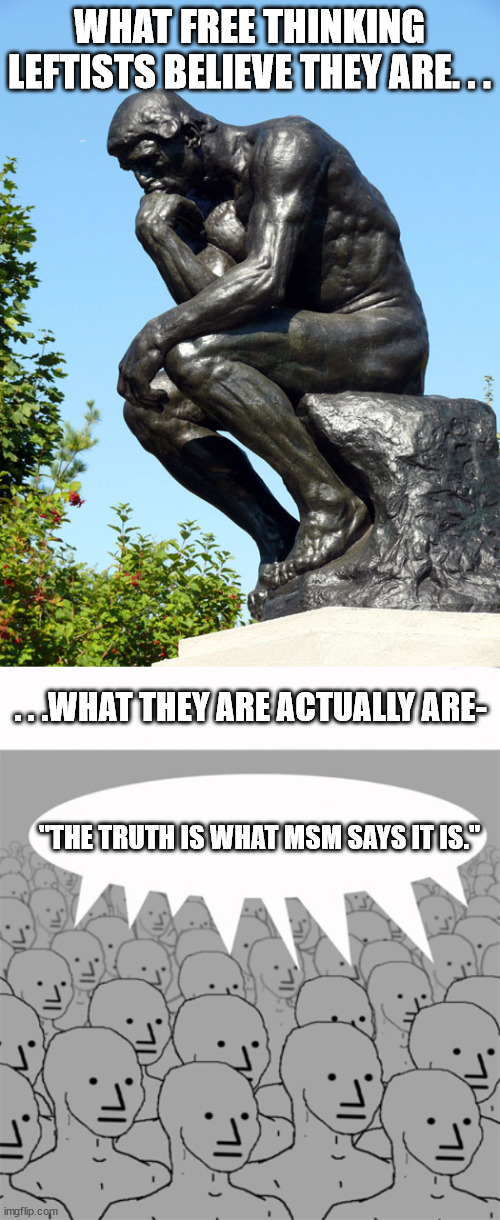 Being a thinker not only requires a sound mind but also a sound body. | WHAT FREE THINKING LEFTISTS BELIEVE THEY ARE. . . . . .WHAT THEY ARE ACTUALLY ARE-; "THE TRUTH IS WHAT MSM SAYS IT IS." | image tagged in the thinker,npcprogramscreed,politics | made w/ Imgflip meme maker