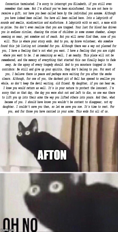 oh no fire bad | AFTON | image tagged in oh no cat | made w/ Imgflip meme maker