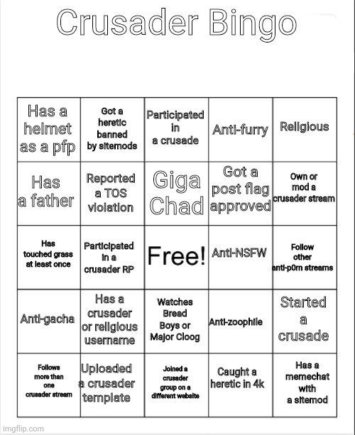 Crusader Bingo Blank Meme Template