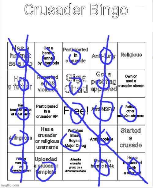 Triple bingo LETS GOOO. BTW I'm still on the lookout for TOS violations(Mod note: Good) | image tagged in crusader bingo | made w/ Imgflip meme maker