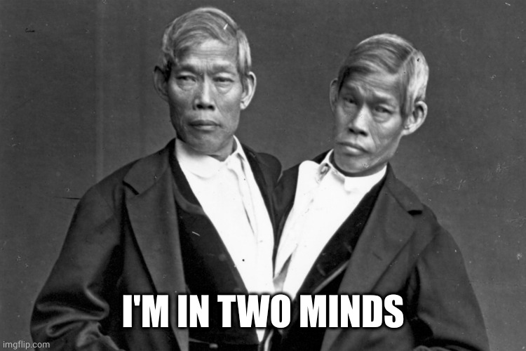 Siamese Twins chang eng bunker | I'M IN TWO MINDS | image tagged in siamese twins chang eng bunker | made w/ Imgflip meme maker