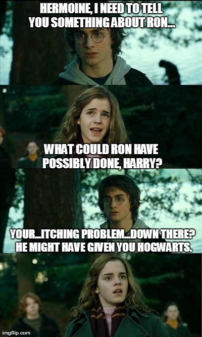 Horny Harry Meme | HERMOINE, I NEED TO TELL YOU SOMETHING ABOUT RON... WHAT COULD RON HAVE POSSIBLY DONE, HARRY? YOUR...ITCHING PROBLEM...DOWN THERE? HE MIGHT  | image tagged in memes,horny harry | made w/ Imgflip meme maker