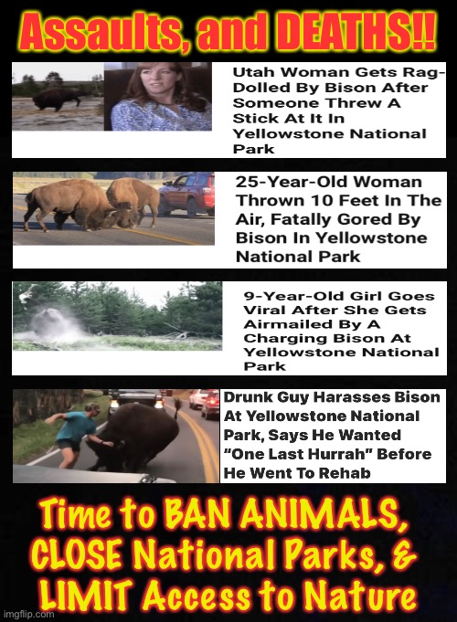 We MUST Do Something NOW  -  Protect the People, Especially the CHILDREN!  High-Capacity Horns Must Be Eliminated | Assaults, and DEATHS!! Time to BAN ANIMALS, 
CLOSE National Parks, & 
LIMIT Access to Nature | image tagged in memes,2a,gun control,people control,no guns to stop tyrannical government from cruel oppression,fjb fjb voters fprogressives | made w/ Imgflip meme maker