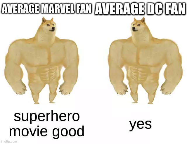 average marvel fan vs average dc fan | AVERAGE MARVEL FAN; AVERAGE DC FAN; superhero movie good; yes | image tagged in buff doge vs buff doge | made w/ Imgflip meme maker
