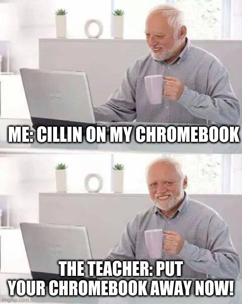 Teachers be like | ME: CILLIN ON MY CHROMEBOOK; THE TEACHER: PUT YOUR CHROMEBOOK AWAY NOW! | image tagged in memes,hide the pain harold | made w/ Imgflip meme maker