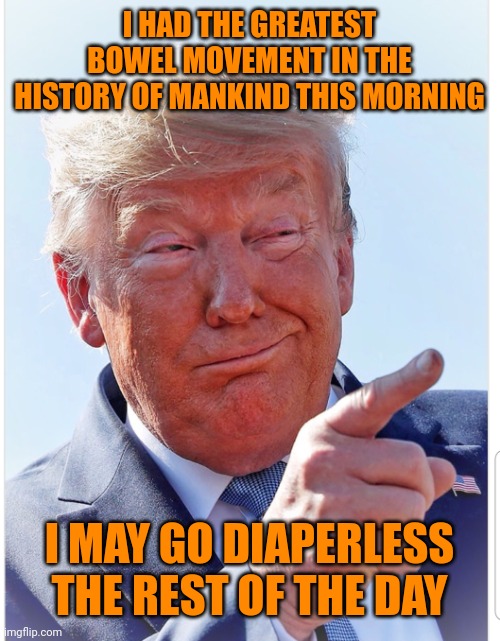 Diaper Don | I HAD THE GREATEST BOWEL MOVEMENT IN THE HISTORY OF MANKIND THIS MORNING; I MAY GO DIAPERLESS THE REST OF THE DAY | image tagged in trump pointing | made w/ Imgflip meme maker