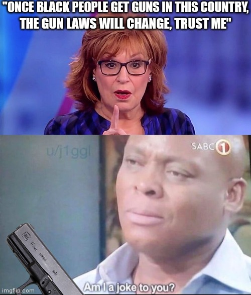 Blind to their racism | "ONCE BLACK PEOPLE GET GUNS IN THIS COUNTRY, THE GUN LAWS WILL CHANGE, TRUST ME" | image tagged in joy behar,am i a joke to you,democrats,gun control,liberals,racism | made w/ Imgflip meme maker