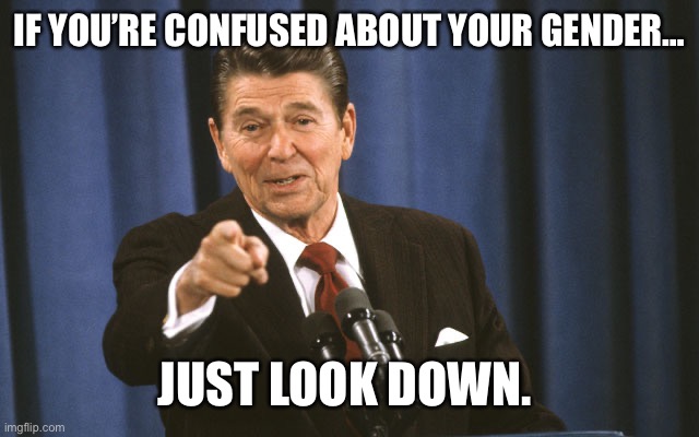reagan asks | IF YOU’RE CONFUSED ABOUT YOUR GENDER… JUST LOOK DOWN. | image tagged in reagan asks | made w/ Imgflip meme maker