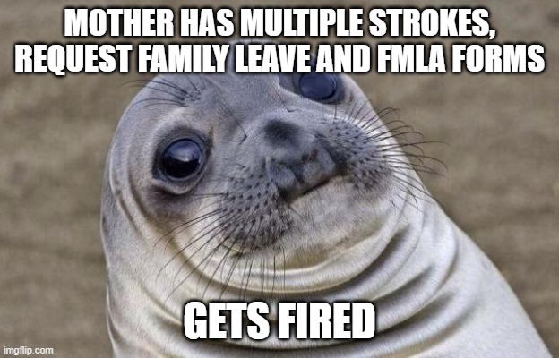 Awkward Moment Sealion | MOTHER HAS MULTIPLE STROKES, REQUEST FAMILY LEAVE AND FMLA FORMS; GETS FIRED | image tagged in memes,awkward moment sealion,AdviceAnimals | made w/ Imgflip meme maker