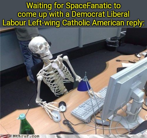 . | Waiting for SpaceFanatic to come up with a Democrat Liberal Labour Left-wing Catholic American reply: | image tagged in waiting skeleton | made w/ Imgflip meme maker