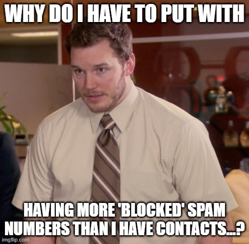 Spam calls vs. Contacts |  WHY DO I HAVE TO PUT WITH; HAVING MORE 'BLOCKED' SPAM NUMBERS THAN I HAVE CONTACTS...? | image tagged in memes,afraid to ask andy | made w/ Imgflip meme maker