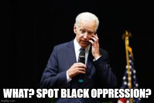 Joe Biden on the phone | WHAT? SPOT BLACK OPPRESSION? | image tagged in joe biden on the phone | made w/ Imgflip meme maker