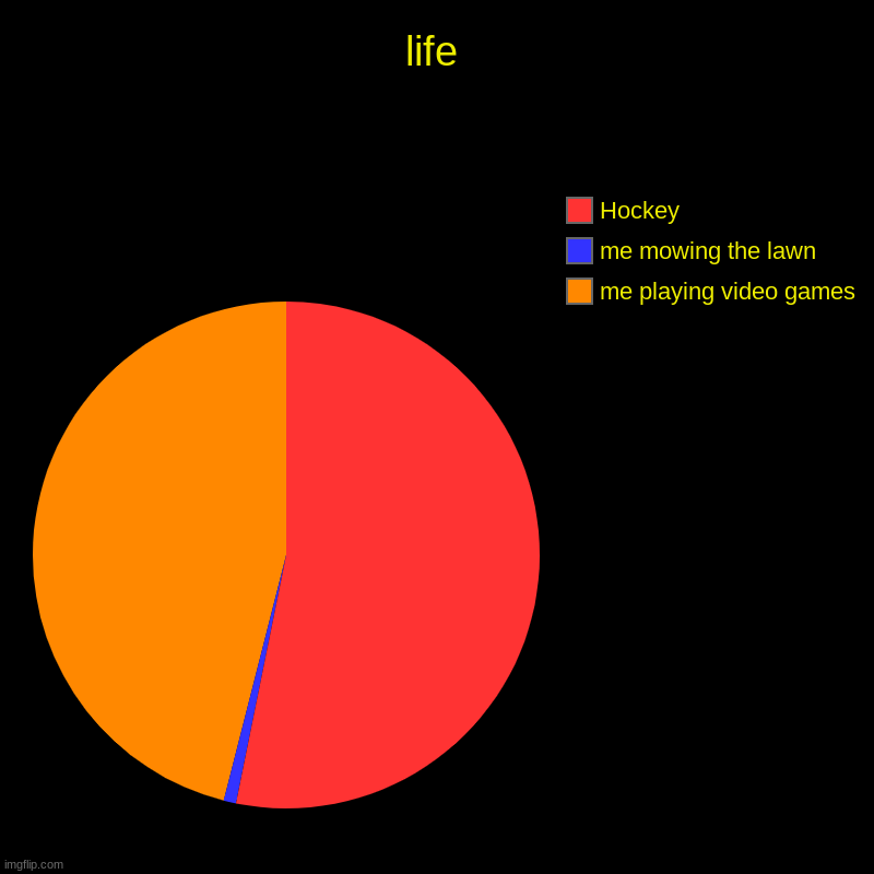 life | life | me playing video games, me mowing the lawn, Hockey | image tagged in charts,pie charts | made w/ Imgflip chart maker