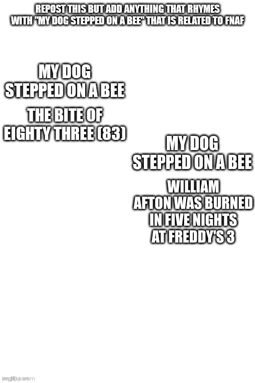 repost this ig | MY DOG STEPPED ON A BEE; WILLIAM AFTON WAS BURNED IN FIVE NIGHTS AT FREDDY'S 3 | image tagged in fnaf,five nights at freddys,five nights at freddy's | made w/ Imgflip meme maker