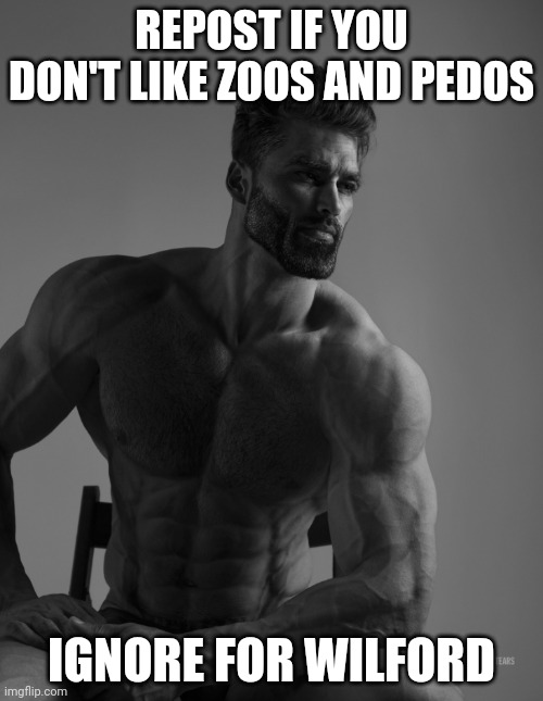 Giga Chad | REPOST IF YOU DON'T LIKE ZOOS AND PEDOS; IGNORE FOR WILFORD | image tagged in giga chad | made w/ Imgflip meme maker