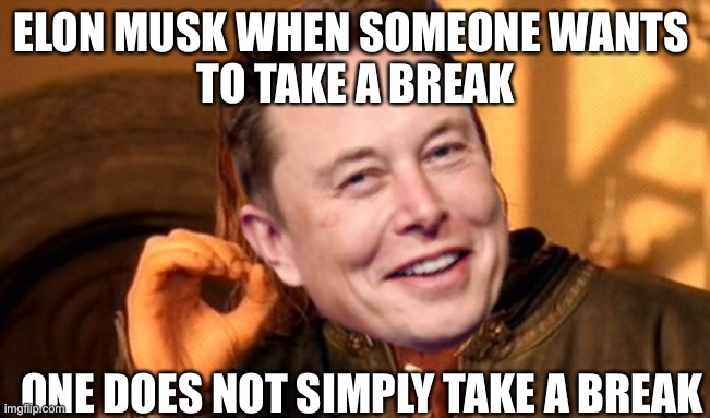 Elon musk when you ask for a break | ELON MUSK WHEN SOMEONE WANTS 
TO TAKE A BREAK; ONE DOES NOT SIMPLY TAKE A BREAK | image tagged in memes,one does not simply | made w/ Imgflip meme maker