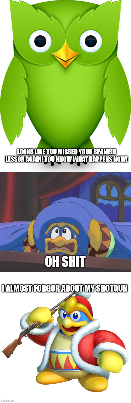 LOOKS LIKE YOU MISSED YOUR SPANISH LESSON AGAIN! YOU KNOW WHAT HAPPENS NOW! OH SHIT; I ALMOST FORGOR ABOUT MY SHOTGUN | image tagged in duolingo,scared dedede,shotgun dedede | made w/ Imgflip meme maker