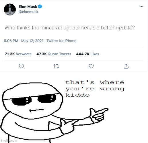 Elon Musk Blank Tweet | Who thinks the minecraft update needs a better update? | image tagged in elon musk blank tweet | made w/ Imgflip meme maker
