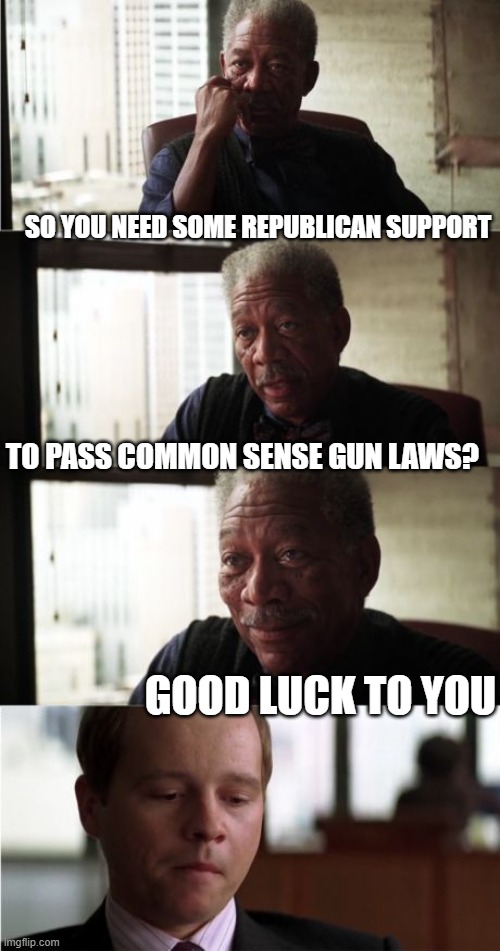 Morgan Freeman Good Luck Meme | SO YOU NEED SOME REPUBLICAN SUPPORT TO PASS COMMON SENSE GUN LAWS? GOOD LUCK TO YOU | image tagged in memes,morgan freeman good luck | made w/ Imgflip meme maker