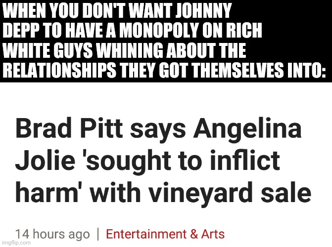 WHEN YOU DON'T WANT JOHNNY DEPP TO HAVE A MONOPOLY ON RICH WHITE GUYS WHINING ABOUT THE RELATIONSHIPS THEY GOT THEMSELVES INTO: | image tagged in funny memes | made w/ Imgflip meme maker