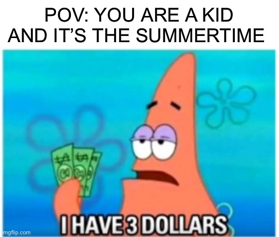 So much money!1!1! /j |  POV: YOU ARE A KID AND IT’S THE SUMMERTIME | image tagged in i have three dollars patrick,memes,funny,money,summer,sad | made w/ Imgflip meme maker