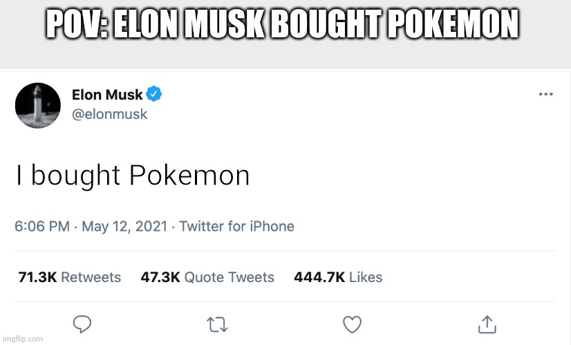 Elon Musk Blank Tweet | POV: ELON MUSK BOUGHT POKEMON; I bought Pokemon | image tagged in elon musk blank tweet | made w/ Imgflip meme maker