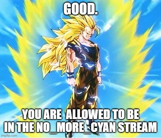 Goku SSJ3 | GOOD. YOU ARE  ALLOWED TO BE IN THE NO_MORE_CYAN STREAM | image tagged in goku ssj3 | made w/ Imgflip meme maker