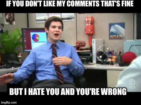 IF YOU DON'T LIKE MY COMMENTS THAT'S FINE BUT I HATE YOU AND YOU'RE WRONG | image tagged in adam demamp,AdviceAnimals | made w/ Imgflip meme maker