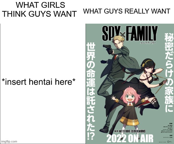 random spy x family meme | WHAT GUYS REALLY WANT; WHAT GIRLS THINK GUYS WANT | image tagged in spy x family,anime,boys vs girls,girls vs boys | made w/ Imgflip meme maker