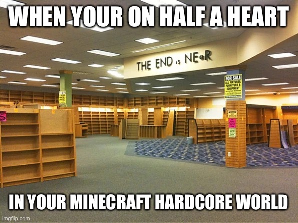 Backrooms The End (Image from Fandom Wiki) | WHEN YOUR ON HALF A HEART; IN YOUR MINECRAFT HARDCORE WORLD | image tagged in backrooms the end image from fandom wiki | made w/ Imgflip meme maker
