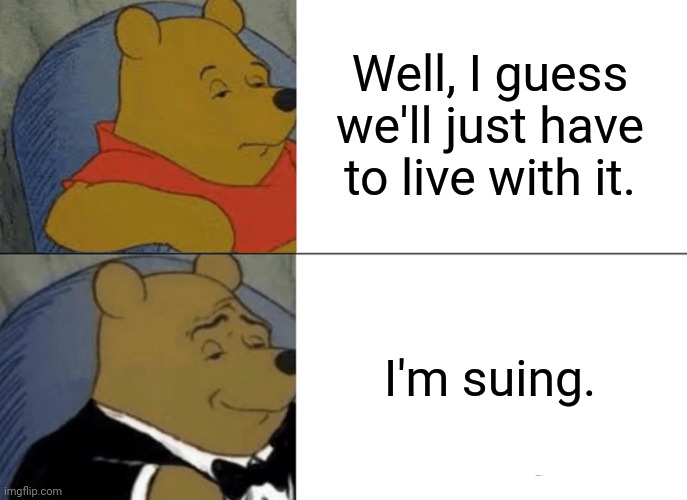 Because why not | Well, I guess we'll just have to live with it. I'm suing. | image tagged in memes,tuxedo winnie the pooh | made w/ Imgflip meme maker